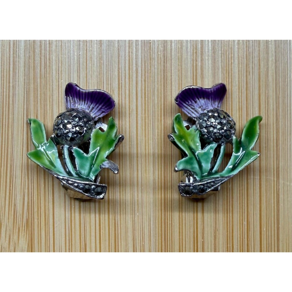 Vintage Scottish Thistle Clip Earrings Purple Green Enamel Marcasite Silver Tone